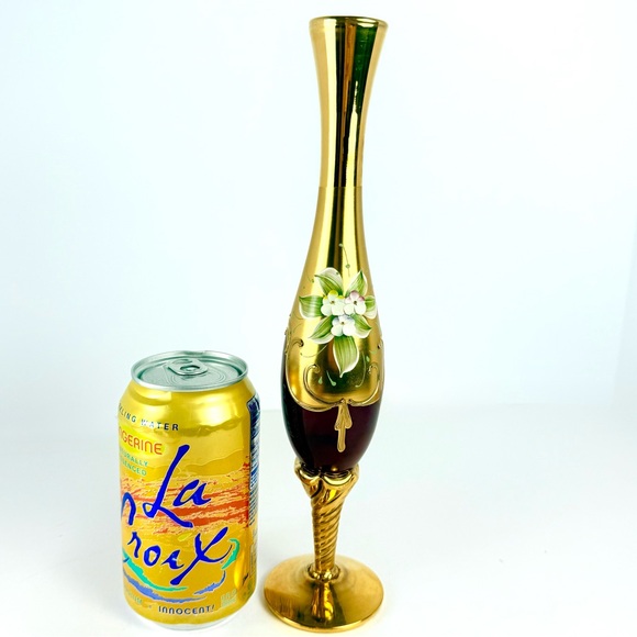 VTG Murano Venetian Ruby Glass & 24K Gold Paint 11” Hand Painted Floral Bud Vase - Picture 14 of 16